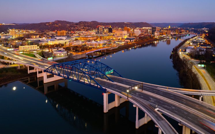 Downtown Charleston, West Virginia highway at night.